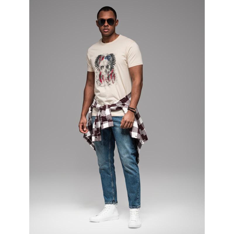 Férfi pamut póló rock stílusú nyomattal - krém V1 OM-TSPT-0199