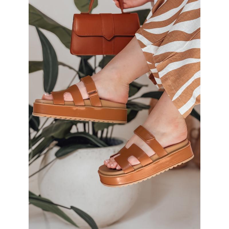 Dámské pantofle na suchý zip PLATFOR kamelové