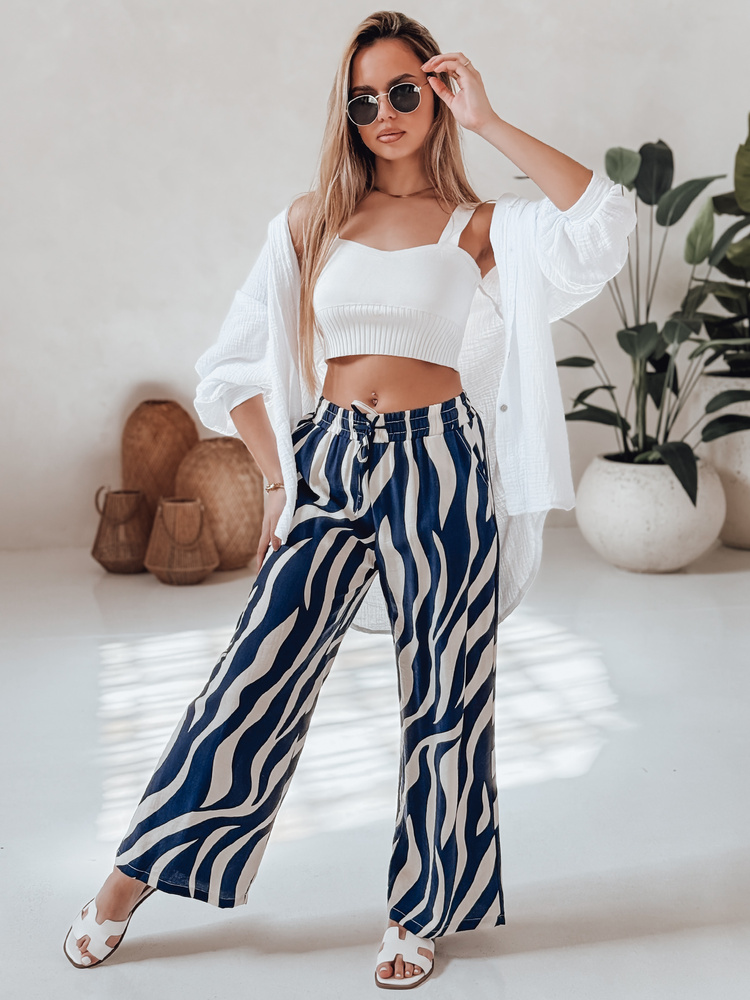 ZEBRAVIBE női csíkos, széles szárú nadrág, tengerészbézs