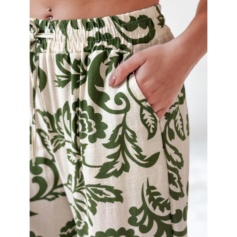 Dámské květované kalhoty s širokými nohavicemi LOVEGARDEN zelené