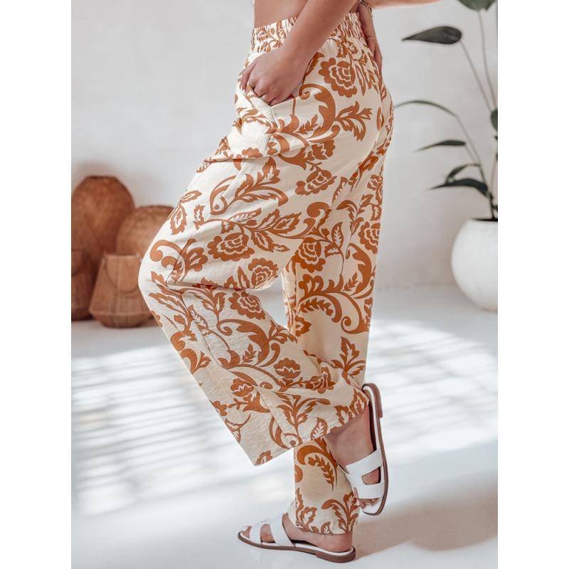 Dámské květované kalhoty s širokými nohavicemi LOVEGARDEN velbloudí barva