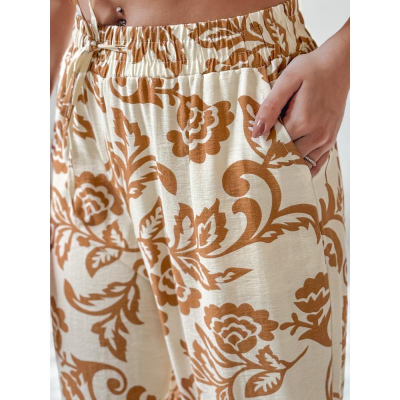 Dámské květované kalhoty s širokými nohavicemi LOVEGARDEN velbloudí barva