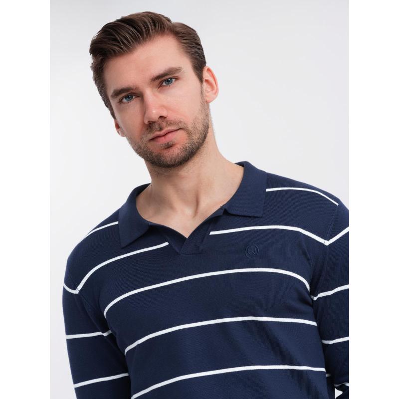Pánske polo tričko s dlhým rukávom, horizontálnymi pruhmi a viskózou – tmavomodré a biele V1 OM-POLS-0146