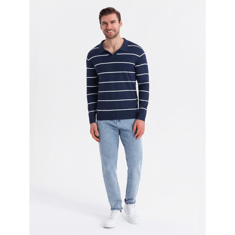 Pánske polo tričko s dlhým rukávom, horizontálnymi pruhmi a viskózou – tmavomodré a biele V1 OM-POLS-0146