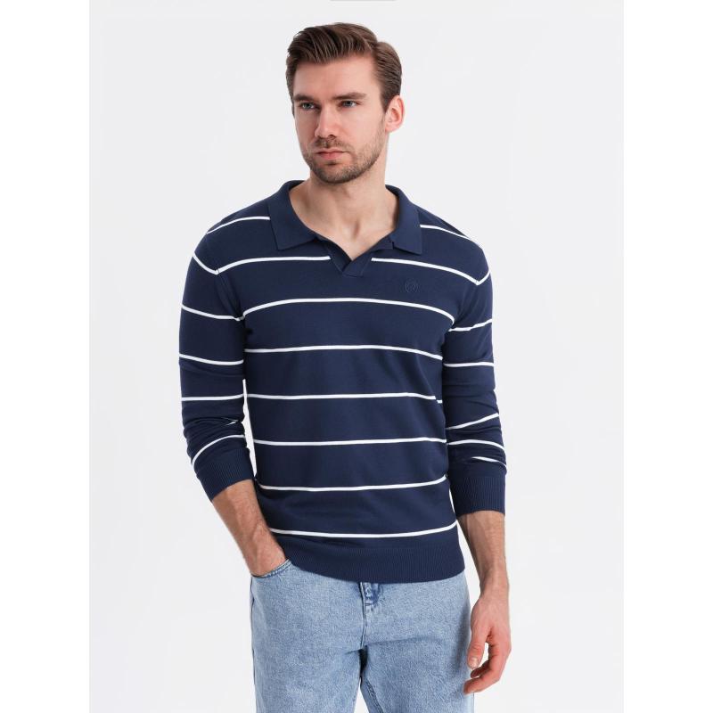 Pánske polo tričko s dlhým rukávom, horizontálnymi pruhmi a viskózou – tmavomodré a biele V1 OM-POLS-0146