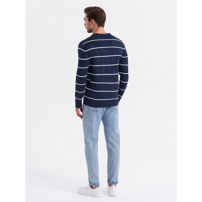 Pánske polo tričko s dlhým rukávom, horizontálnymi pruhmi a viskózou – tmavomodré a biele V1 OM-POLS-0146