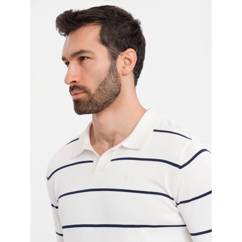 Pánske polo tričko s dlhým rukávom a horizontálnymi pruhmi s viskózou - biele a tmavomodré V2 OM-POLS-0146