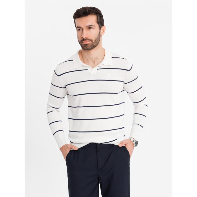 Pánske polo tričko s dlhým rukávom a horizontálnymi pruhmi s viskózou - biele a tmavomodré V2 OM-POLS-0146
