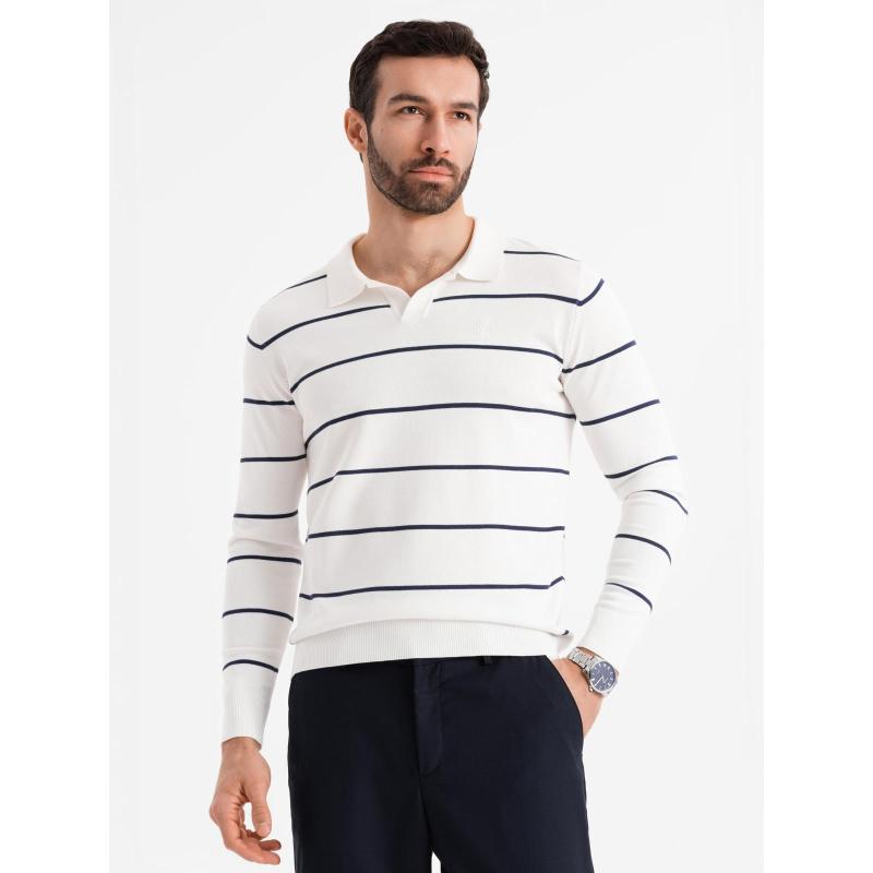 Pánske polo tričko s dlhým rukávom a horizontálnymi pruhmi s viskózou - biele a tmavomodré V2 OM-POLS-0146