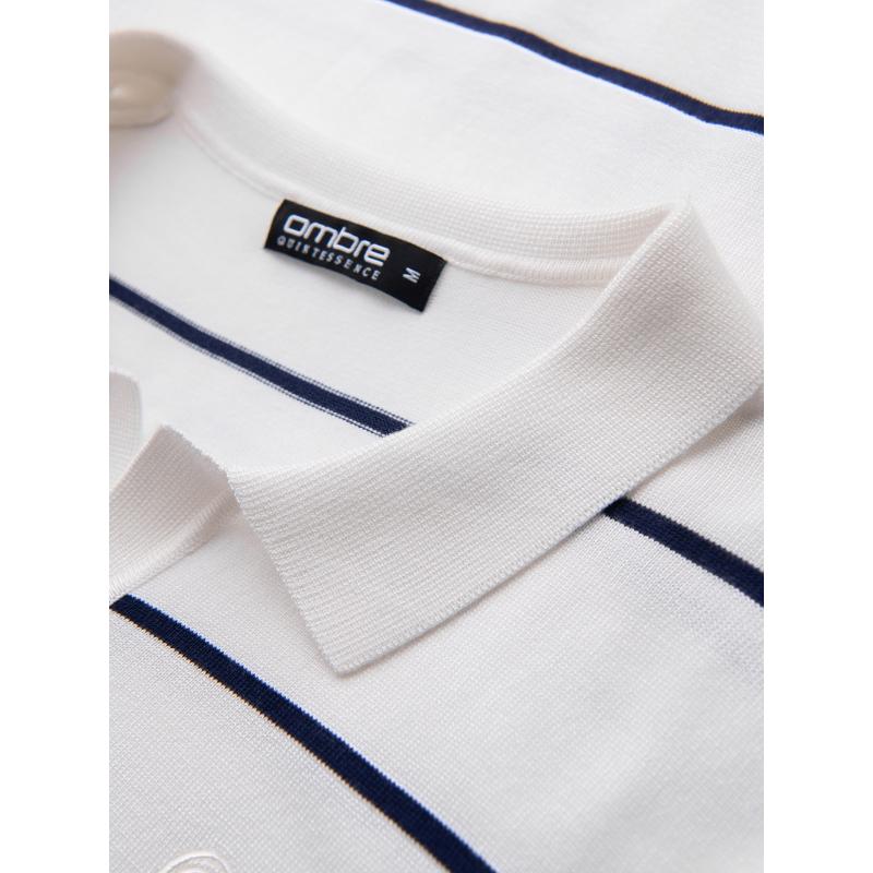 Pánske polo tričko s dlhým rukávom a horizontálnymi pruhmi s viskózou - biele a tmavomodré V2 OM-POLS-0146