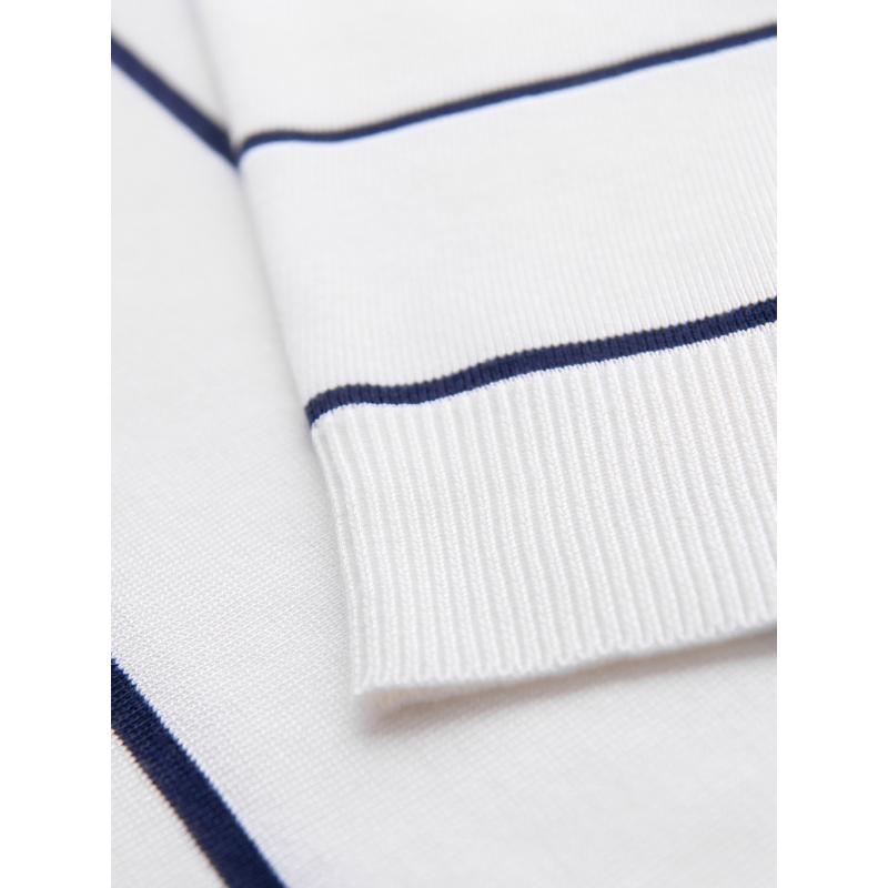 Pánske polo tričko s dlhým rukávom a horizontálnymi pruhmi s viskózou - biele a tmavomodré V2 OM-POLS-0146