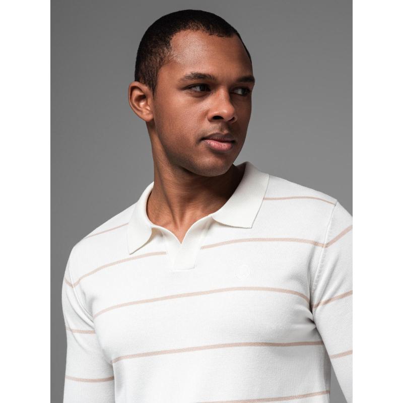 Pánske polo tričko s dlhým rukávom a horizontálnymi pruhmi s viskózou - biele a béžové V4 OM-POLS-0146