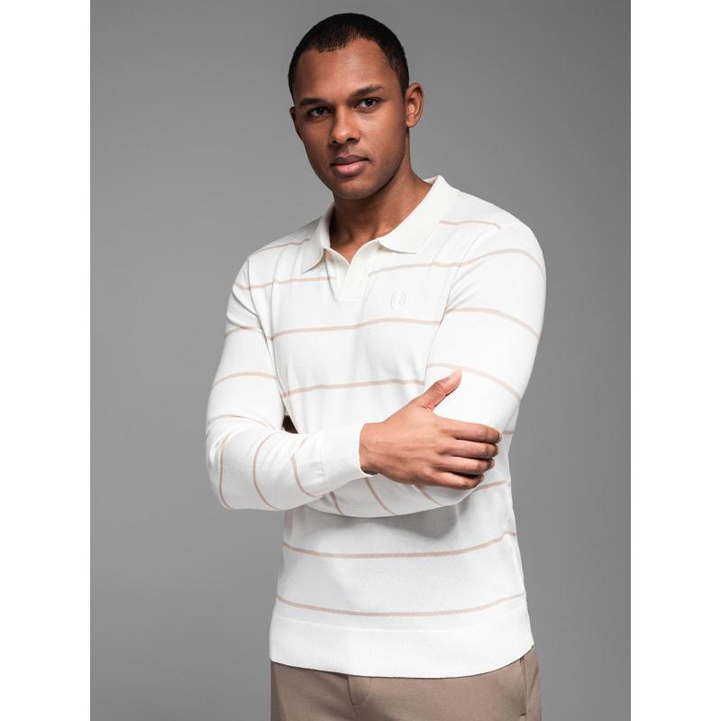 Pánske polo tričko s dlhým rukávom a horizontálnymi pruhmi s viskózou - biele a béžové V4 OM-POLS-0146