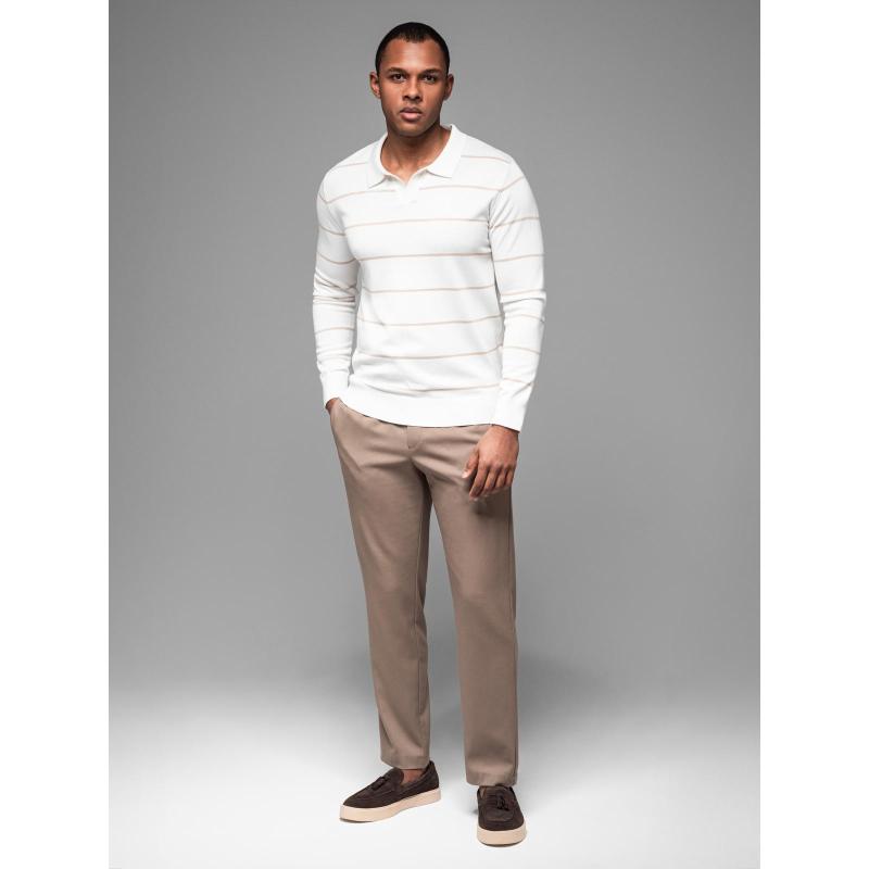 Pánske polo tričko s dlhým rukávom a horizontálnymi pruhmi s viskózou - biele a béžové V4 OM-POLS-0146
