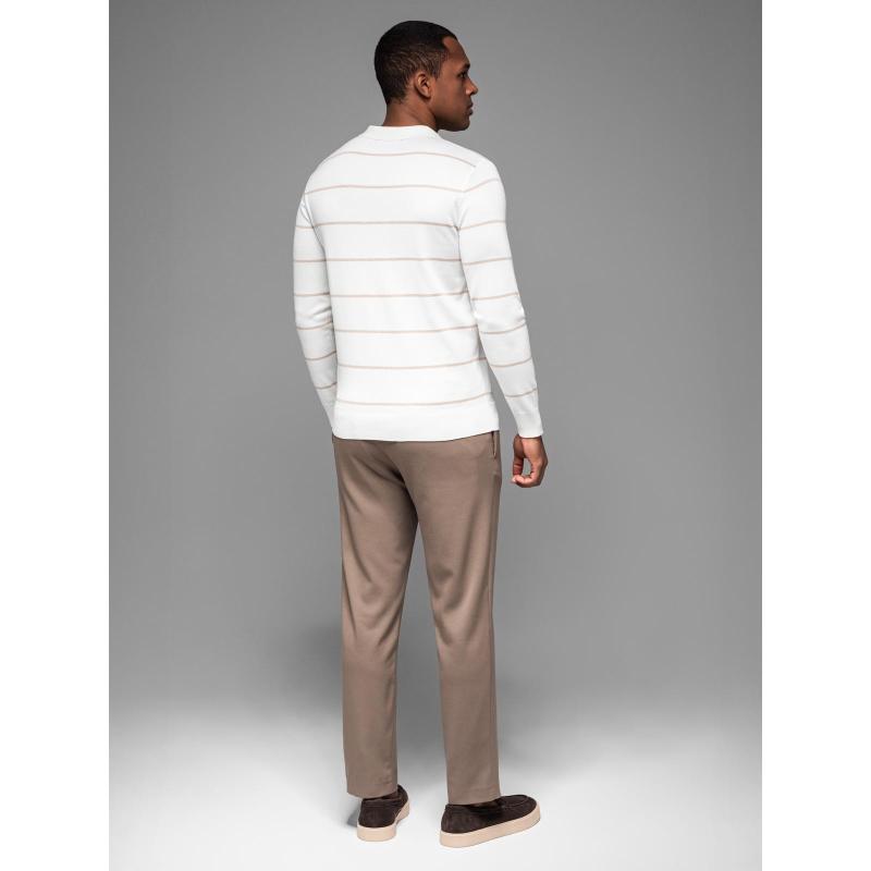 Pánske polo tričko s dlhým rukávom a horizontálnymi pruhmi s viskózou - biele a béžové V4 OM-POLS-0146