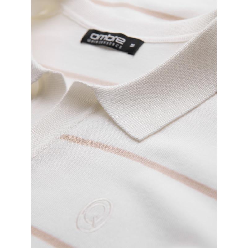 Pánske polo tričko s dlhým rukávom a horizontálnymi pruhmi s viskózou - biele a béžové V4 OM-POLS-0146