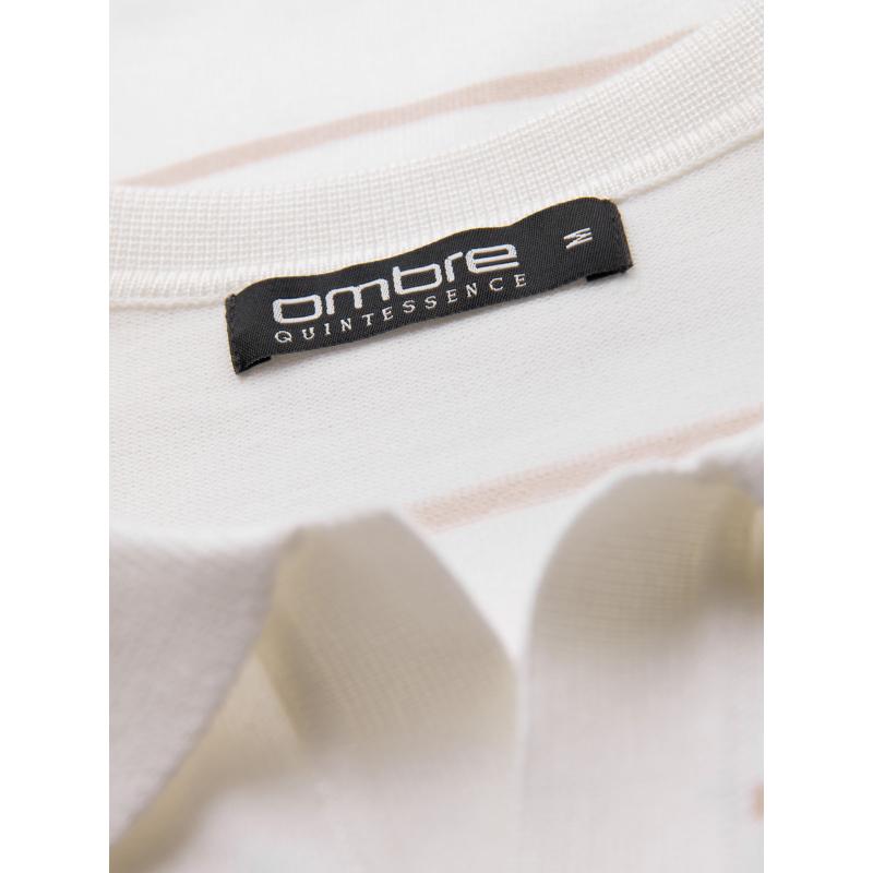 Pánske polo tričko s dlhým rukávom a horizontálnymi pruhmi s viskózou - biele a béžové V4 OM-POLS-0146