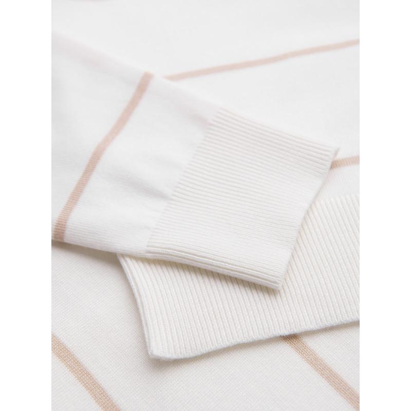 Pánske polo tričko s dlhým rukávom a horizontálnymi pruhmi s viskózou - biele a béžové V4 OM-POLS-0146