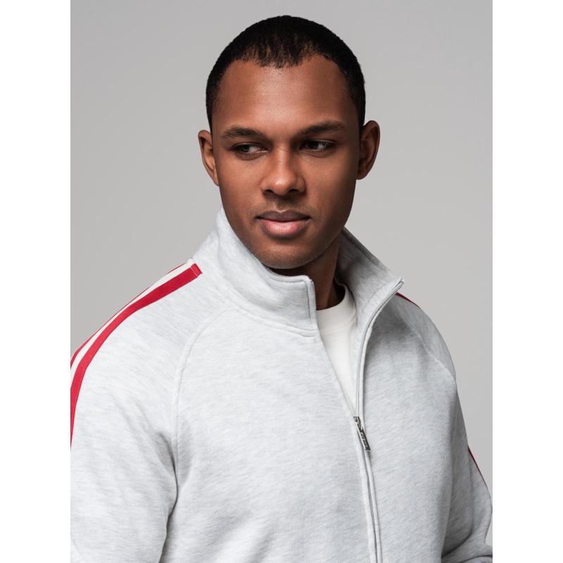 Férfi pulóver magas gallérral és csíkokkal - szürke melange V1 OM-SSZP-0219