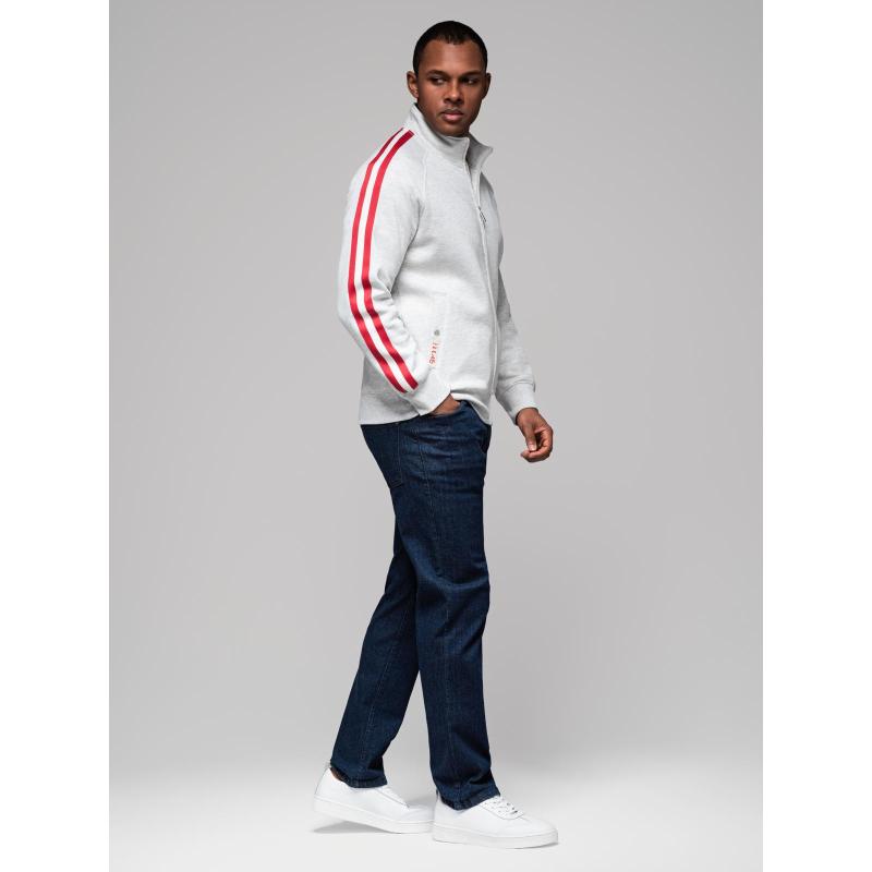 Férfi pulóver magas gallérral és csíkokkal - szürke melange V1 OM-SSZP-0219