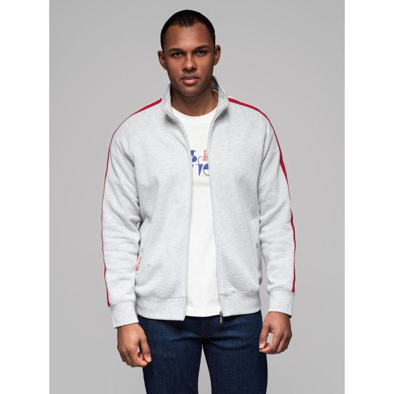 Férfi pulóver magas gallérral és csíkokkal - szürke melange V1 OM-SSZP-0219