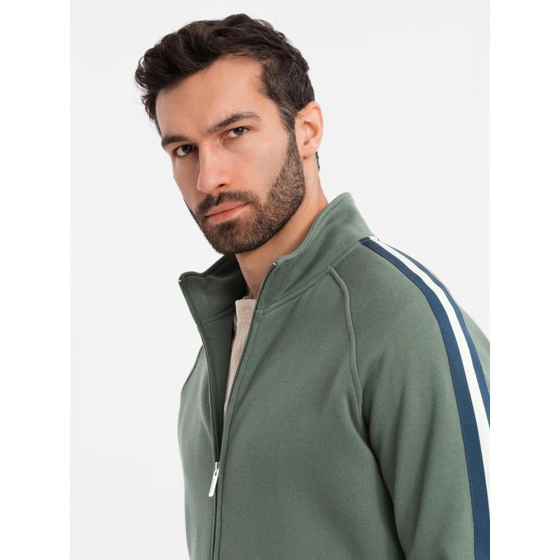 Pánska mikina s vysokým golierom a pruhmi - olivová V2 OM-SSZP-0219