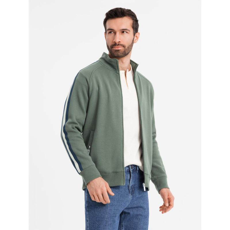 Pánska mikina s vysokým golierom a pruhmi - olivová V2 OM-SSZP-0219