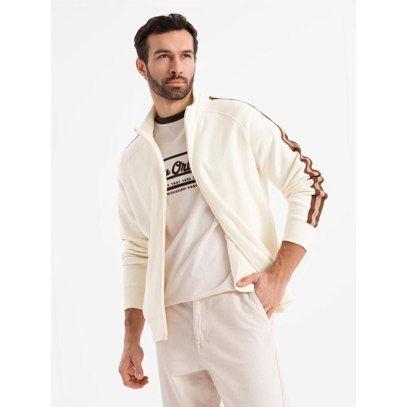 Férfi pulóver magas gallérral és csíkokkal - krém V3 OM-SSZP-0219