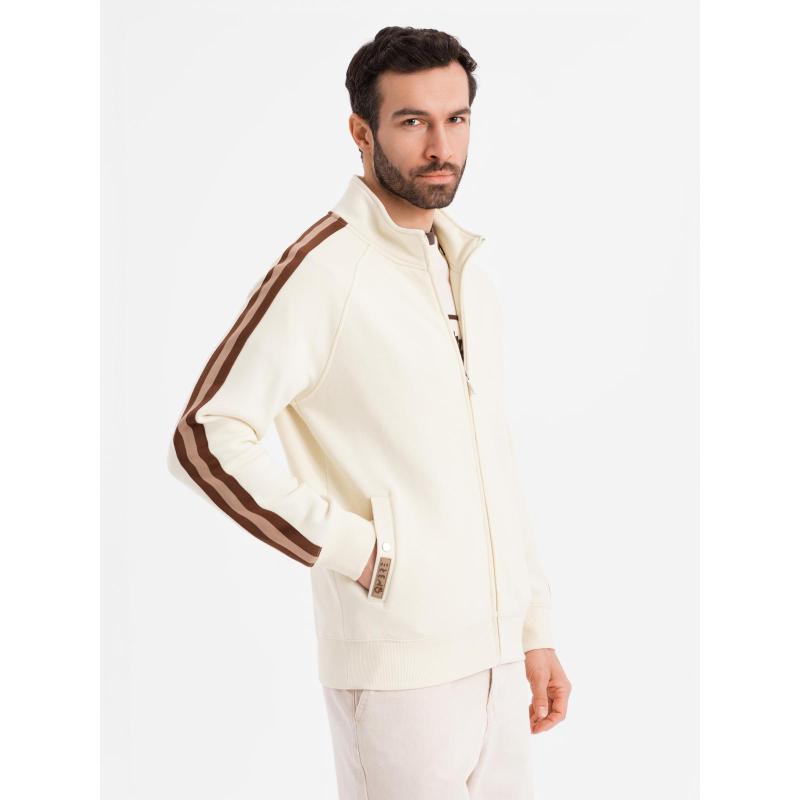 Férfi pulóver magas gallérral és csíkokkal - krém V3 OM-SSZP-0219