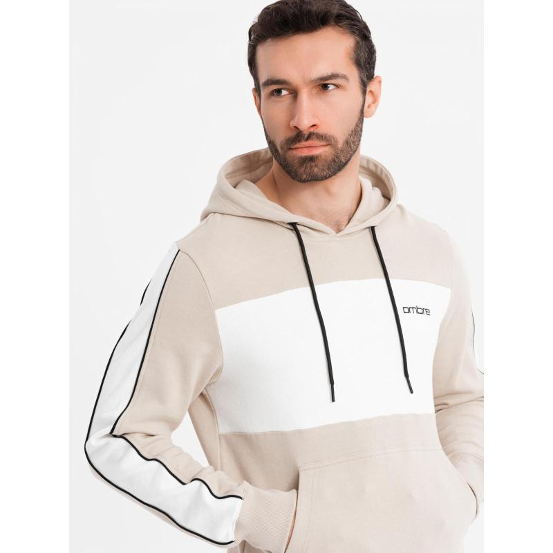 Pánská bavlněná mikina s kapucí a kontrastními prvky - béžová V2 OM-SSNZ-0225