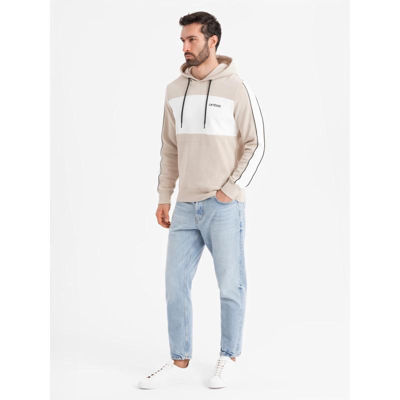 Pánská bavlněná mikina s kapucí a kontrastními prvky - béžová V2 OM-SSNZ-0225