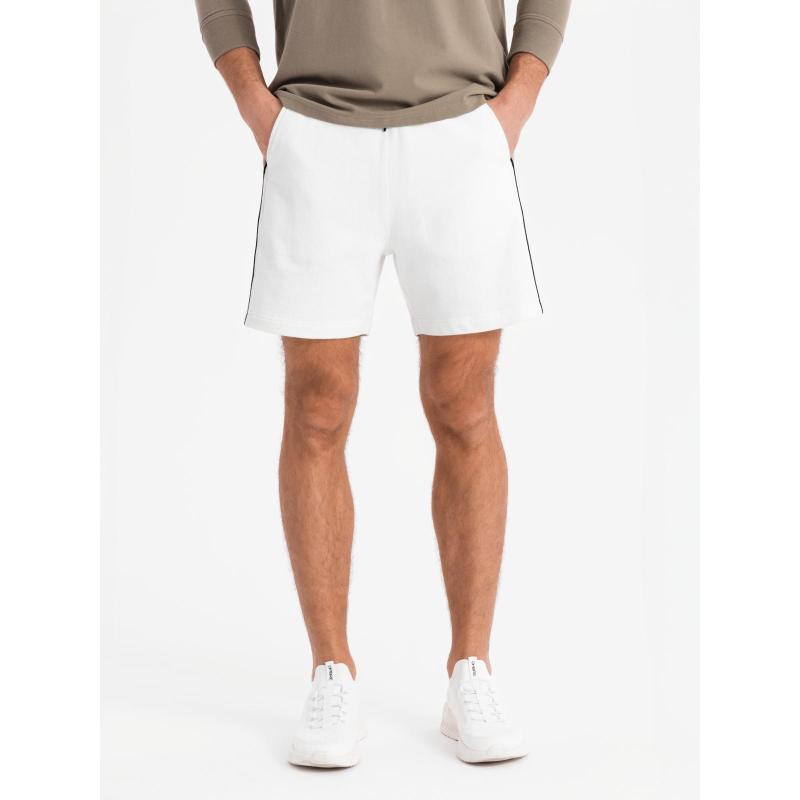 Férfi rövid pulóver nadrág széles csíkokkal - tört fehér V1 OM-SRSK-0182