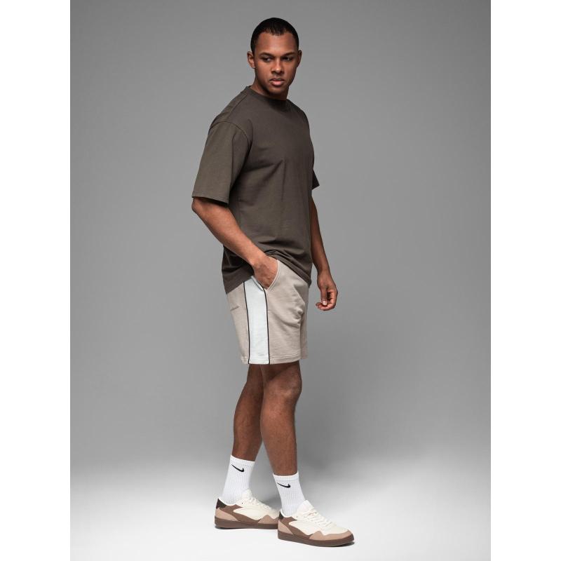 Férfi rövid pulóver nadrág széles csíkokkal - bézs V2 OM-SRSK-0182