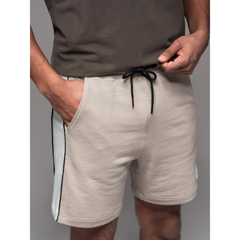 Férfi rövid pulóver nadrág széles csíkokkal - bézs V2 OM-SRSK-0182