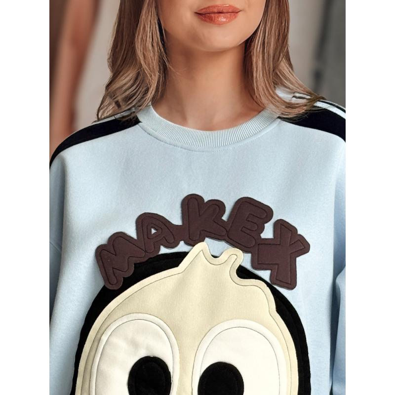 Női oversize pulóver CUTE MAKEX felvarrókkal kék