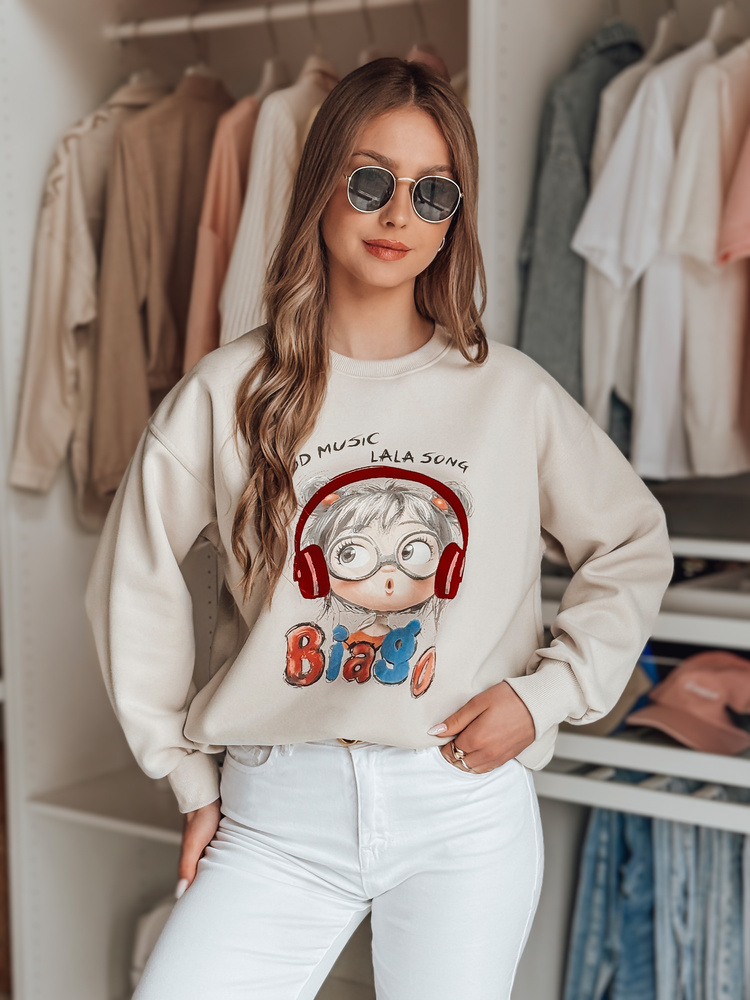 Női oversize pulóver LALA VIBE nyomtatással, bézs
