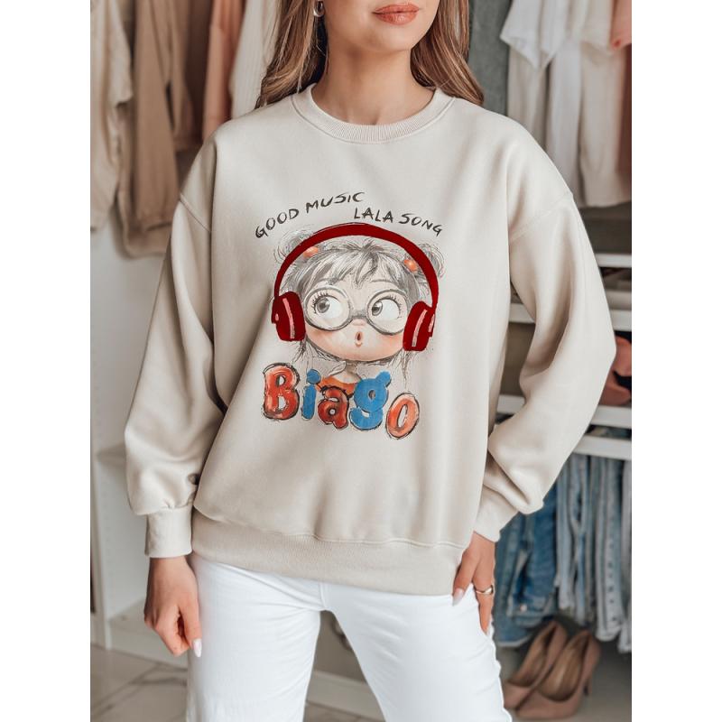 Női oversize pulóver LALA VIBE nyomtatással, bézs