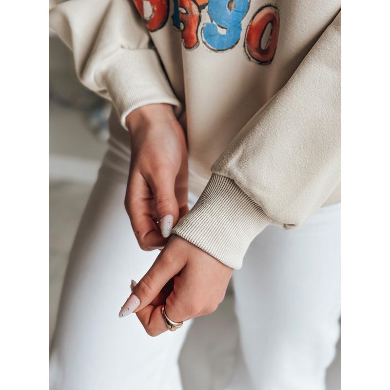 Női oversize pulóver LALA VIBE nyomtatással, bézs