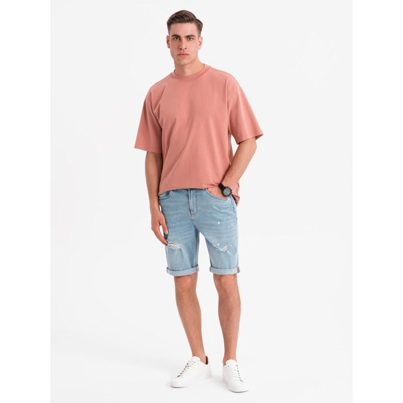Pánské krátké džínové kraťasy s odřeninami a ohrnutými nohavicemi - světle modré V1 OM-SRDS-0186