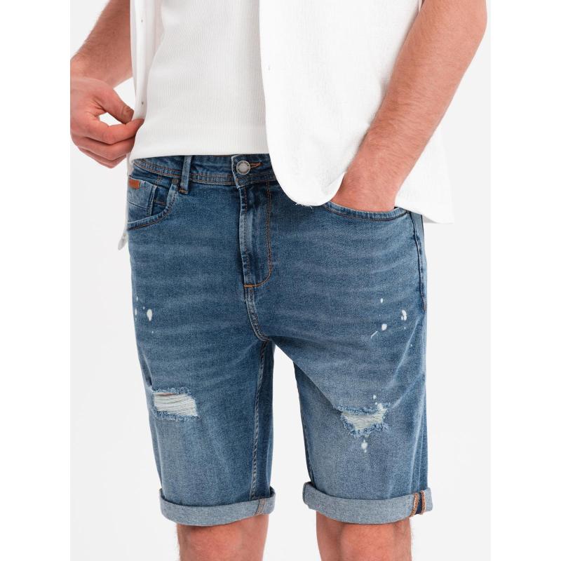 Pánské krátké džínové kraťasy s odřeninami a ohrnutými nohavicemi – modré V2 OM-SRDS-0186