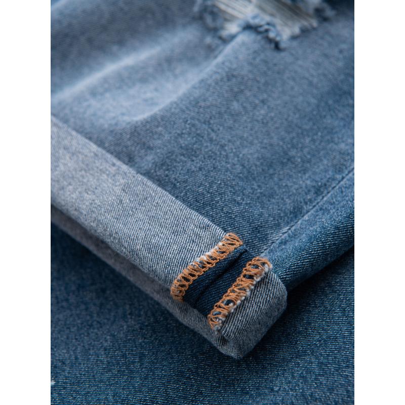 Pánské krátké džínové kraťasy s odřeninami a ohrnutými nohavicemi – modré V2 OM-SRDS-0186