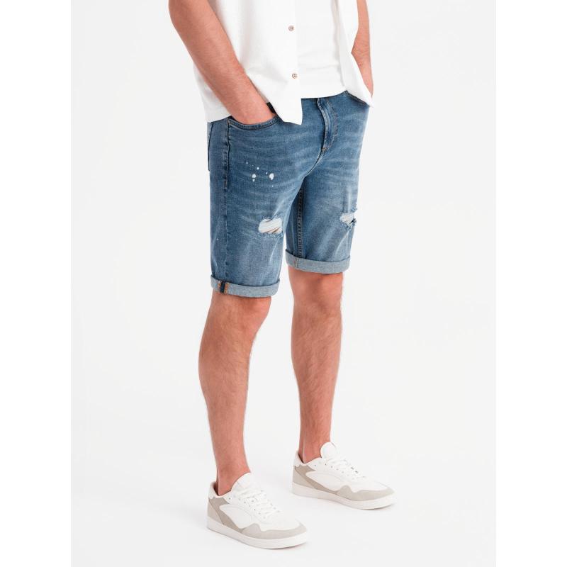 Pánské krátké džínové kraťasy s odřeninami a ohrnutými nohavicemi – modré V2 OM-SRDS-0186
