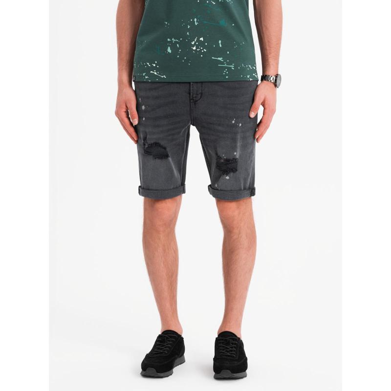 Pánske krátke džínsové šortky s ošúchanými a vyhrnutými nohavicami – šedé V3 OM-SRDS-0186