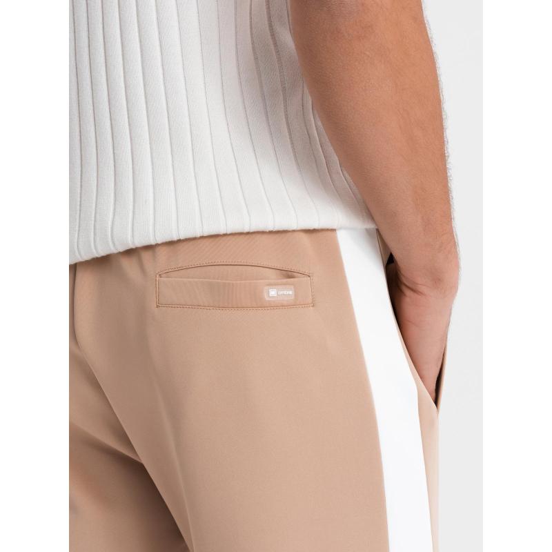 Férfi melegítőnadrág bordás szegélyű és díszes cipzárral - homok V6 OM-PASK-0226
