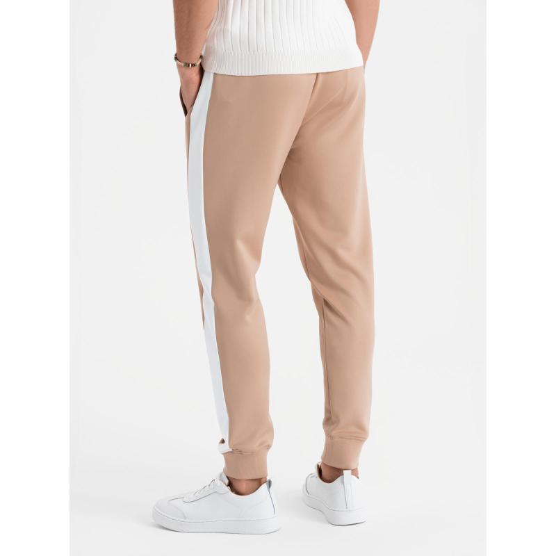 Férfi melegítőnadrág bordás szegélyű és díszes cipzárral - homok V6 OM-PASK-0226