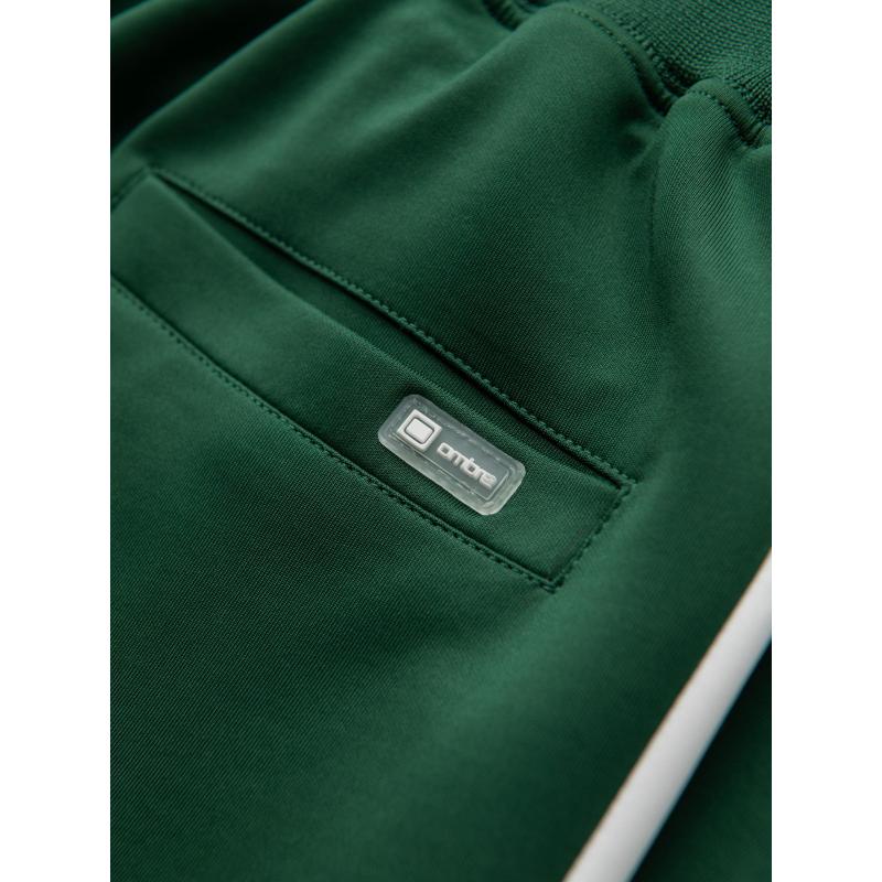 Pánske tepláky s rebrovanými manžetami a ozdobným zipsom - pieskové V6 OM-PASK-0226