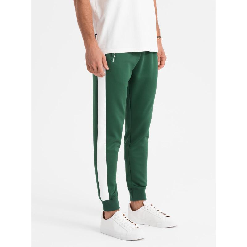 Pánske tepláky s rebrovanými manžetami a ozdobným zipsom - pieskové V6 OM-PASK-0226