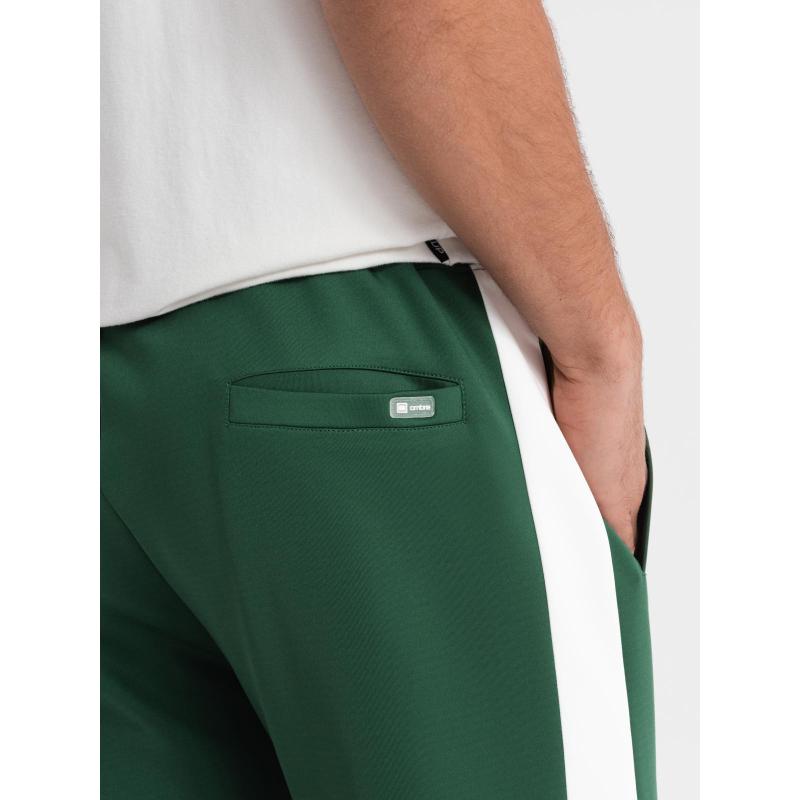 Pánske tepláky s rebrovanými manžetami a ozdobným zipsom - pieskové V6 OM-PASK-0226