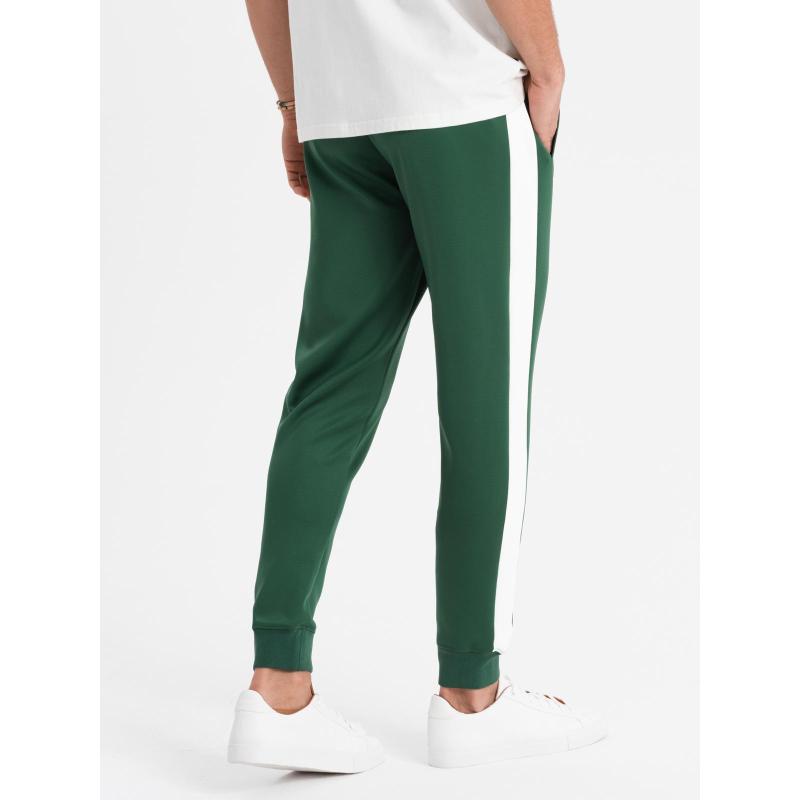 Pánske tepláky s rebrovanými manžetami a ozdobným zipsom - pieskové V6 OM-PASK-0226