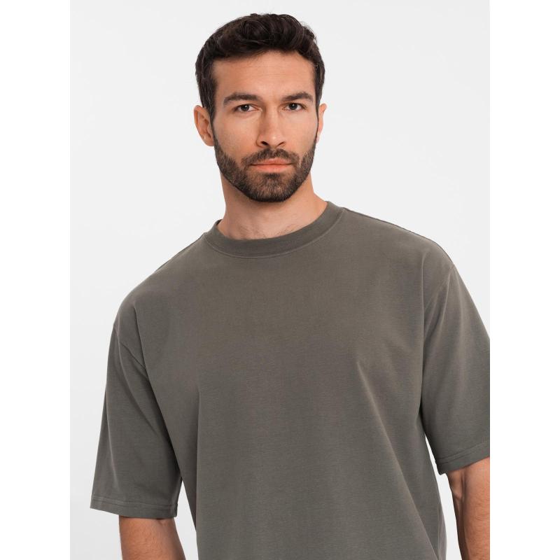 Pánske bavlnené tričko LOOSE FIT s okrúhlym výstrihom - tmavo olivové V7 OM-TSBC-0234